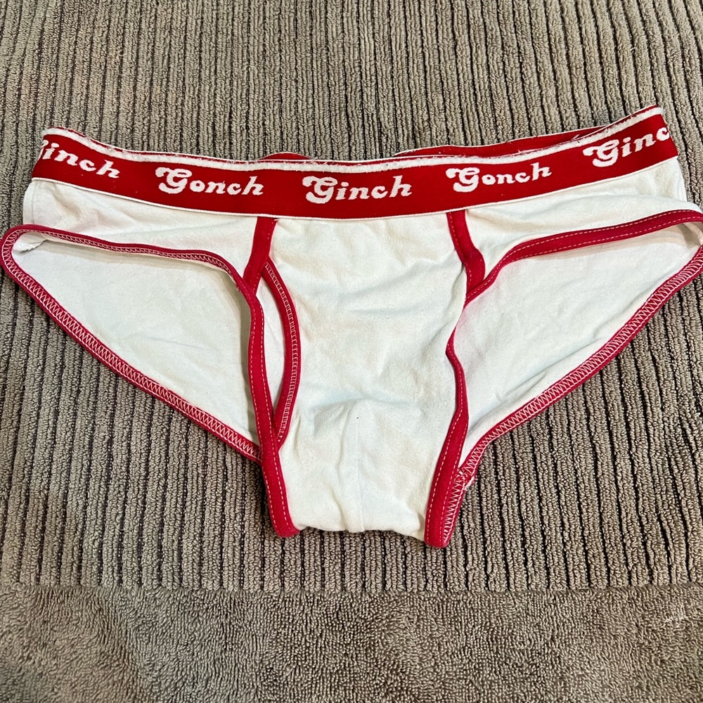 Red and white hip briefs, small, worn